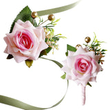 2Pcs 2 Style Cloth Flower Boutonniere Brooch, with Silk Cloth Imitation Rose Wrist Corsages, for Wedding Party, Pearl Pink, 102~764x10~85mm, 1pc/style