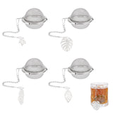 Round Stainless Steel Mesh Tea Infuser, with 304 Stainless Steel Pendants, Leaf, Stainless Steel Color, Tea Infuser: 165mm, 4pcs, Pendants: 19~55.5x17~34x0.3~1mm, Hole: 1~2mm, 4pcs
