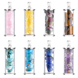 8Pcs 8 Style Alloy & Glass Wish Bottle Pendants, with Mixed Gemstone Chips, Platinum, Column, 35x13.5mm, Hole: 4mm, 1pc/style