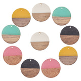 Resin & Wood Pendants, Flat Round, Mixed Color, 28.5x3.5~4mm, Hole: 1.5mm, 5colors, 2pcs/color, 10pcs/box
