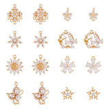 16Pcs 8 Styles Brass Micro Pave Cubic Zirconia Pendants, Light Gold, Flower, Clear, 11~23x8~17.5x3~6mm, Hole: 1.2~1.8mm, 2pcs/style