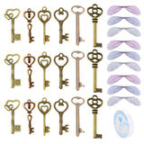 Skeleton Key Charm DIY Jewelry Making Kit for Crafts Gifts, Including Alloy Pendants, Organza Fabric Wings, Clear Elastic Crystal Thread, Antique Bronze, 60pcs/set