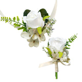 2Pcs 2 Style Silk Cloth Imitation Rose Corsage Boutonniere, with Silk Imitation Rose Wrist Corsages, for Wedding, Party Decorations, White, 115~765x10~130mm, 1pc/style