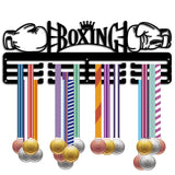 Fashion Iron Medal Hanger Holder Display Wall Rack, 3-Line, with Screws, Black, Boxing, Word, 150x400mm, Hole: 5mm