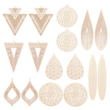 32Pcs 8 Style Rack Plating Brass Filigree Big Pendants, Long-Lasting Plated, Triangle & Teardrop & Rhombus & Triangle, Light Gold, 30~61x11~32.5x0.3~0.4mm, Hole: 1~1.8mm, 4pcs/style