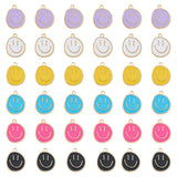 60Pcs 6 Colors Alloy Enamel Pendants, Golden, Flat Round with Smiling Face Charm, Mixed Color, 24.5x20x1.5mm, Hole: 2mm, 10pcs/color