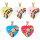 5Pcs 5 Colors Brass Micro Pave Cubic Zirconia Pendants, with Enamel, Real 18K Gold Plated, Heart & Rainbow Charm, Mixed Color, 21x18.5x3.5mm, Hole: 3.5x5mm, 1pc/color