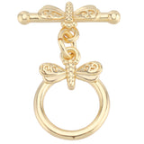 10Pcs Brass Toggle Clasps, Long-Lasting Plated, Ring with Dragonfly, Real 18K Gold Plated, Ring: 16x12x2mm, Hole: 1.2mm, Bar: 7x17x3.5mm, Hole: 1.2mm