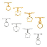 8Set 4 Style Brass Toggle Clasps, Long-Lasting Plated, Flower, Cadmium Free & Lead Free, Mixed Color, Ring: 12~16x10~13x2~3mm, Hole: 1.4mm, Bar: 17~20x4.5~5x2.5~3mm, 8set