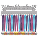 Fashion Iron Medal Hanger Holder Display Wall Rack, 20 Hooks, with Screws, Word Dream believe achieve NEVER GIVE UP, Silver Color Plated, 132x400mm