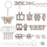 DIY Keychain Making Kit, Including Iron Split Key Rings, Alloy Pendant Cabochon Settings, Glass Cabochons, Butterfly & Dragonfly & Owl & Turtle & Elephant, Antique Silver, 72Pcs/box