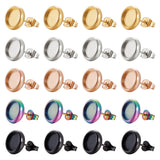 40Pcs 5 Color Ion Plating(IP) 304 Stainless Steel Stud Earring Settings, with Ear Nuts, Flat Round, Mixed Color, 10.5mm, Pin: 0.8mm, Tray: 8mm, 8Pcs/color