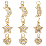 12Pcs 3 Style Brass Micro Pave Clear Cubic Zirconia Charms, Moon & Heart & Star Charm, with Jump Ring, Real 18K Gold Plated, 9~13x7~10x2~2.5mm, Hole: 2mm, 4pcs/style