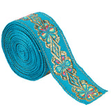 Flat Ethnic Style Embroidery Polyester Ribbons, Jacquard Ribbon, Garment Accessories, Single Face Floral Pattern, Turquoise, 1-3/4 inch(45mm), about 7.66 Yards(7m)/Roll