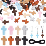 128Pcs 8 Styles Wood Dyed Pendants, Religion Cross Charms, with 1 Bundle Winding Waxed Polyester Cord, Mixed Color, 21.5~22x1~15x1~5mm, Hole: 1.5~2mm, 16pcs/style