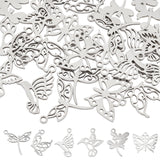 24Pcs 6 Style 201 Stainless Steel Pendants, Bird & Butterfly & Dragonfly, Stainless Steel Color, 13~18x13~17.5x1mm, Hole: 1.2~1.5mm, 4pcs/style