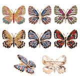 6Pcs 6 Colors Rhinestone Butterfly Badge, Alloy Lapel Pin for Women, Light Gold, Mixed Color, 35~39x44.5~61.5x4.5~10mm, 1pc/color