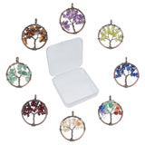 8Pcs 8 Colors Gemstone Pendants, with Red Copper Brass Findings, Red Copper, Flat Round with Tree of Life, 29x5~7mm, Hole: 4.5mm, 1pc/color