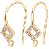 10Pcs Brass Micro Pave Clear Cubic Zirconia Earring Hooks, Ear Wire, Hollow Out Rhombus, Real 18K Gold Plated, 16x6mm, Hole: 1mm, Pin: 0.6mm