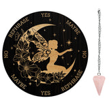 1Pc Cone/Spike/Pendulum Natural Rose Quartz Stone Pendants, 1Pc 304 Stainless Steel Cable Chain Necklaces, 1Pc PVC Custom Pendulum Board, Dowsing Divination Board, Angel & Fairy Pattern, Board: 200x4mm