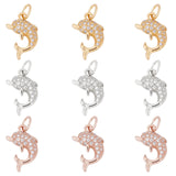 9Pcs 3 Colors Brass Micro Pave Cubic Zirconia Charms, with Jump Rings, Dolphin, Clear, Mixed Color, 14x9x2.5mm, Jump Rings: 4.8x0.8mm, 3.2mm Inner Diameter, 3pcs/color