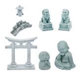 7Pcs 7 Styles Mini Sandstone Bridge & Resin Torii Gate/Lion/Ksitigarbha Buddha/Monks, Micro Landscape Bonsai Fish Tank Decoration Accessories, Dark Gray, 22.5~85x25~75x24~89mm, 1pc/style