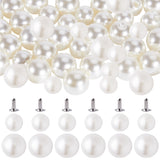 200 Sets 2 Style ABS Plastic Imitation Pearl Rivet Studs, with Iron Findings, White, 6~8mm, Finding: 4x5mm, 100 sets/style