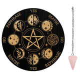1Pc Cone/Spike/Pendulum Natural Rose Quartz Stone Pendants, 1Pc 304 Stainless Steel Cable Chain Necklaces, 1Pc PVC Custom Pendulum Board, Dowsing Divination Board, Moon Phase Pattern, Board: 200x4mm
