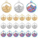 18Pcs 3 Colors 304 Stainless Steel Pendants, Flat Round with Mountain Charm, Mixed Color, 24x20x3mm, Hole: 1.8mm, 6pcs/color