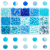 900Pcs 15 Style Glass Round Beads, Baking Painted & Crackle & Imitation Jade & Drawbench, Blue, 6~6.5mm, Hole: 1.3~1.6mm, 60Pcs/style