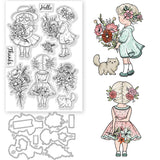 1Pc Flower and Girl Custom PVC Clear Stamps, with 1Pc Carbon Steel Cutting Dies Stencils, for DIY Scrapbooking, Photo Album Decorative, Cards Making, Mixed Shapes, Stamps: 160x110x3mm, Cutting Dies: 109x153x0.8mm