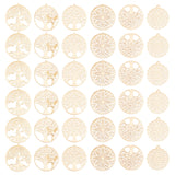 36Pcs 6 Style Brass Pendants, Etched Metal Embellishments, Flat Round with Tree of Life & Flower, Light Gold, 30~32x27~30x0.3~0.4mm, Hole: 1.8mm, 6pcs/style
