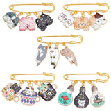 Iron Safety Pin Brooches, Alloy Enamel Brooches, Bulb/Cat/Cup, Mixed Color, 34~39mm, 5 style, 1pc/style, 5pcs/set