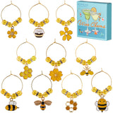 Alloy Enamel Wine Glass Charms, with Glass Beads and Brass Wine Glass Charm Rings, Bee & Honeycomb & Flower, Yellow, 45~55mm, 10pcs/box