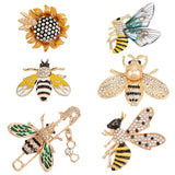 6Pcs 6 Style Enamel Bee Safety Pin Brooch with Rhinestone, Gold Plated Alloy Badge for Backpack Clothes, Mixed Color, 28~43x30~50x5~17mm, 1pc/style