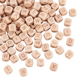 104Pcs 26 Styles Wood European Beads, Large Hole Cube Beads with Engraved Letter, Undyed, BurlyWood, Letter A~Z, 10x10x10mm, Hole: 4mm, 4pcs/style