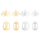 8Pcs 4 Styles 201 Stainless Steel Pendants, Buddhist Theme, Laser Cut, Hollow, Buddha & Lotus, Golden & Stainless Steel Color, 25~43x32~36.5x1mm, Hole: 1.6mm, 2pcs/style