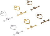 Alloy Tibetan Silver Toggle Clasps, Heart, Mixed Color, Heart: 14x12mm, Bar: 19mm, Hole: 1.5mm, 150sets/box.
