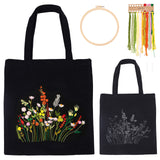 DIY Canvas Bag Flower Embroidery Kits, Polyester Threads, Iron Needles and Plastic Embroidery Hoop, Black