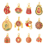 12Pcs 12 Style Alloy Enamel Charms, Chinese Blessing Auspicious Pendant, with Iron Jump Rings, Matte Gold Color, Mixed Shapes, Mixed Color, 11~23.5x10~20x2~11.5mm, Hole: 3.6~4.5mm, 1pc/style