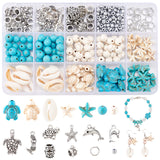 DIY Jewelry Making Finding Kits, Including Turtle & Mermaid & Dolphin & Starfish Alloy Pendants & Hangers, Synthetic Turquoise & Natural Shell & Glass Seed Beads, Brass Jump Rings, Mixed Color, 292Pcs/box