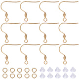 50Pcs 304 Stainless Steel Earring Hooks, Ear Wire, French Hooks with Coil, with 50Pcs Open Jump Rings & 50Pcs Plastic Ear Nuts, Real 18K Gold Plated, 21mm, Hole: 2mm, Pin: 0.8mm