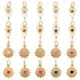 20Pcs 2 Style Brass Micro Pave Cubic Zirconia Pendants, with Jump Ring, Sun & Heart with Eye, Real 18K Gold Plated, 12~12.5x5.5~10x2.3~2.7mm, Jump Rings: 5x0.8mm, Inner Diameter: 3mm, 10pcs/style