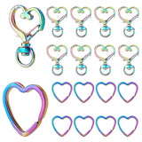 10Pcs Rainbow Color Plated Iron Split Key Rings, with 10Pcs Alloy Swivel Snap Hooks Clasps, Heart Pattern, Swivel Snap Hooks Clasps: 35x24mm, Key Rings: 31x30.5x3mm, Inner Diameter: 26x25mm