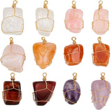 12Pcs Natural Gemstone Pendants, with Golden Plated Copper Wire Wrapped, Nuggets, 32~40x15~22mm, Hole: 3mm