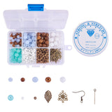 DIY Earring Making, with Round Imitation Gemstone Acrylic Beads, Glass Seed Beads, Leaf Brass Pendants, Iron Eye Pin and Brass Earring Hooks, Mixed Color, Plastic Box: 11x7x3cm