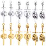 36Pcs 6 Style Tibetan Style Alloy Big Pendants, Sword with Skull/Heart Charm, Antique Silver & Antique Golden, 49~55.5x17~18.5x5~7mm, Hole: 2~3.2mm, 6pcs/style