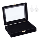 Wooden Presentation Boxes for Badge Storage and Display, cover by Velvet, with Glass Window and Hangers, Rectangle, Black, 20.3x16.3x4.8cm