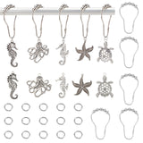 10Pcs Iron Shower Curtain Rings, with 10Pcs Sea Horse & Octopus & Starfish & Tortoise Alloy Link & Pendants, 20Pcs 304 Stainless Steel Jump Rings, Antique Silver, 73.5x42.5x8mm, Inner Diameter: 66.5x38.5mm