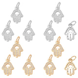 12Pcs 2 Colors Brass Micro Pave Clear Cubic Zirconia Charms, with Jump Rings, Hamsa Hand, Mixed Color, 13x9x2mm, Jump Ring: 5x0.7mm, Inner Diameter: 3.6mm, 6pcs/color
